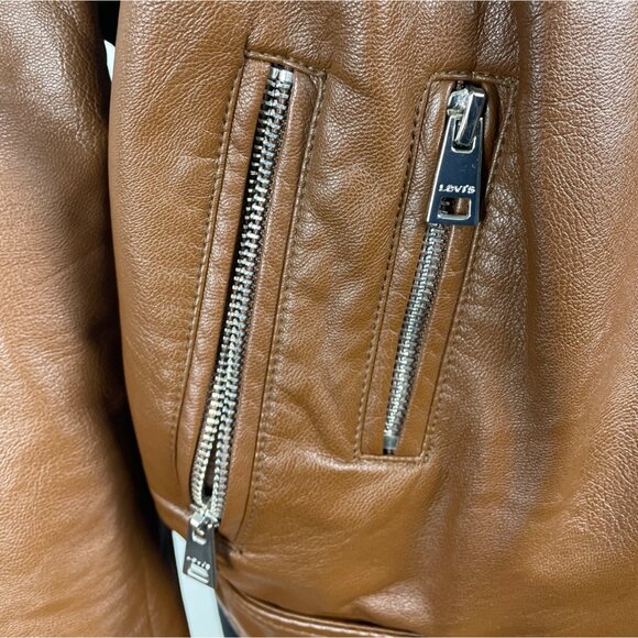 Levi's Brown Faux Leather Biker Jacket With Zipped Pockets & Belted Waist Sz XL - Picture 7 of 13
